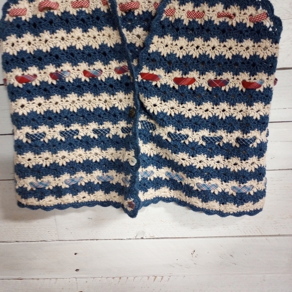 Vintage 1990s Y2K Crochet Vest Blue Cream Stripes Boho Hippie Retro - Picture 9 of 12